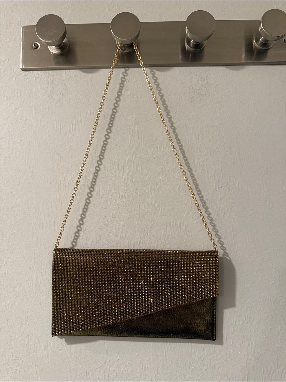 Gold Crystal Envelope Clutch with Chain Strap